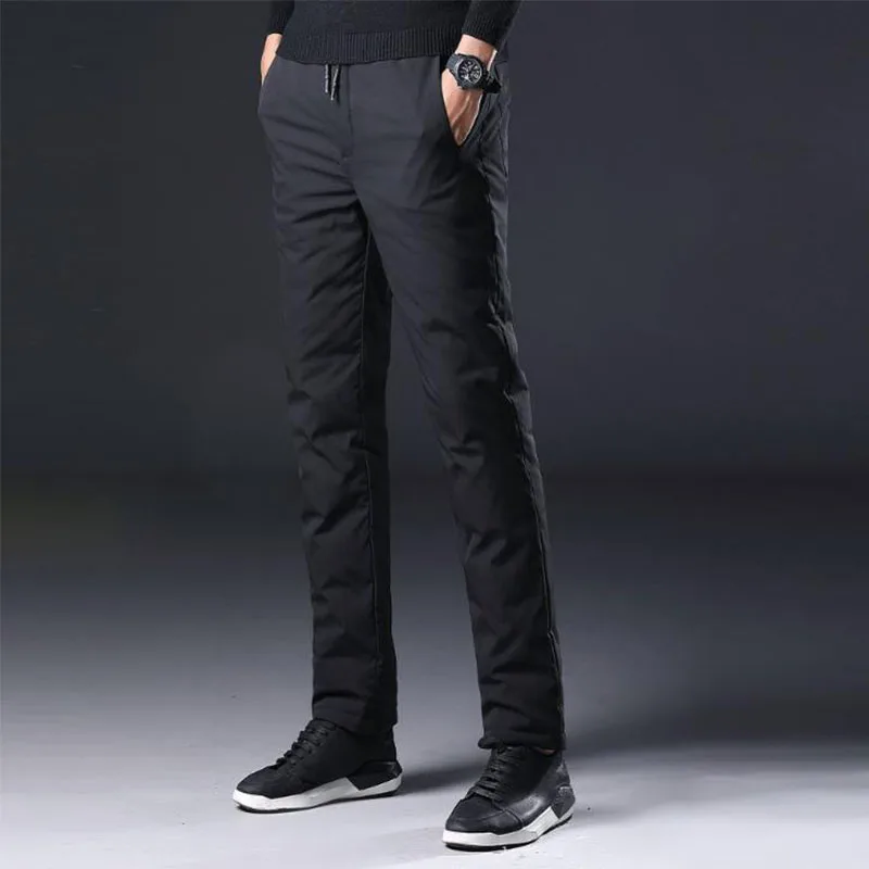 Black 90Duck Down 4XL мужские уличные зимние белые брюки на утином пуху водонепроницаемые ветрозащитные брюки с эластичной резинкой на талии спортивные легинсы для катания на лыжах - Цвет: Black 90Duck Down