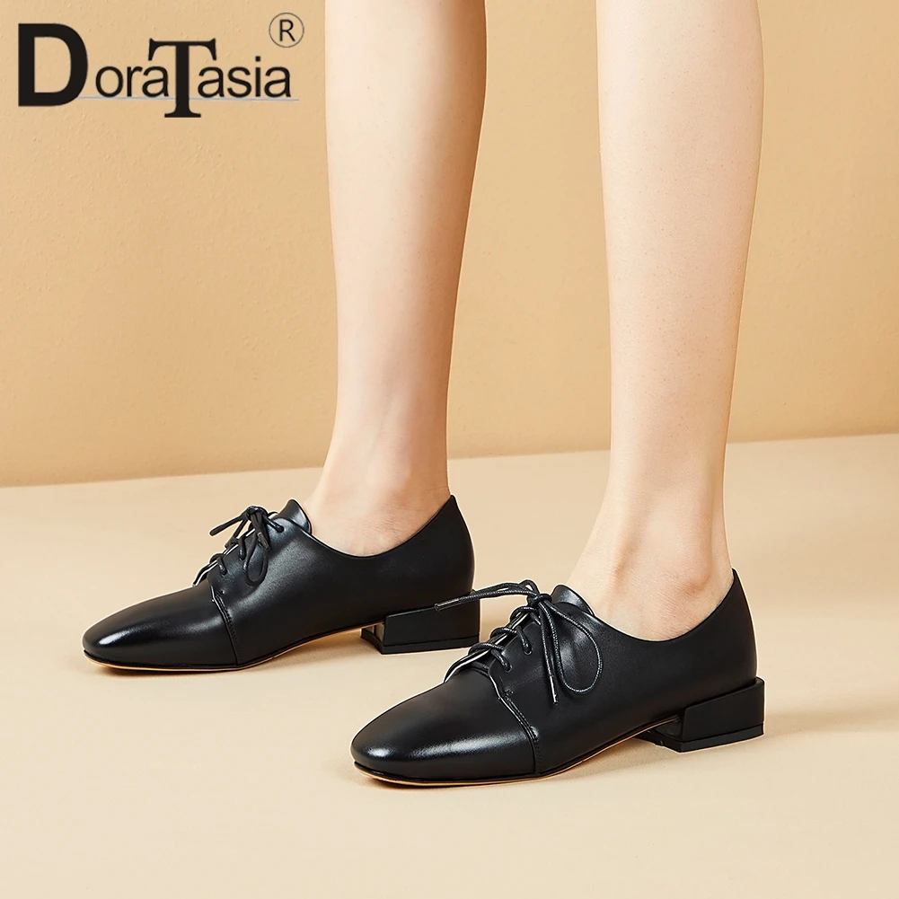 

DORATASIA New Spring Office Cool Square Toe Work Pumps Low Chunky Heel Pumps Women Concise Solid lace-up Dress Shoes Woman