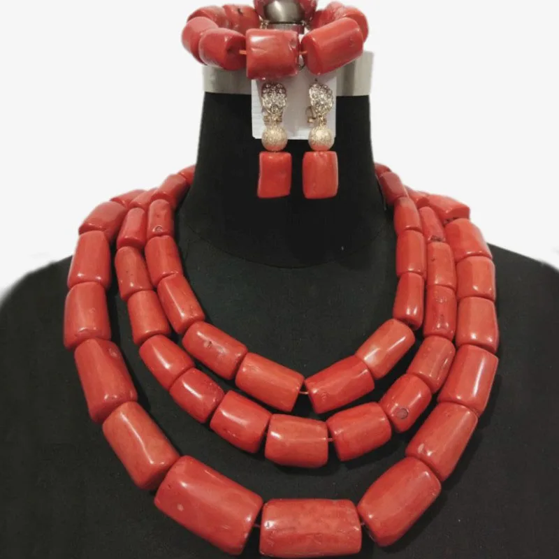 4UJewelry 13 мм-20 мм коралловые бусины африканские Роскошные Свадебные украшения наборы для нигерийских свадеб 3 слоя Дубай ожерелье браслет серьги набор Племенной традиционной свадьбы