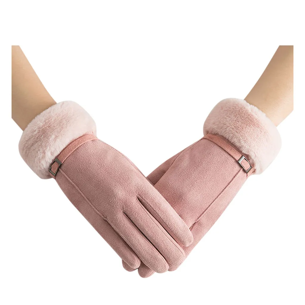 Pink Зимние перчатки для женщин, женские теплые одноцветные перчатки, женские элегантные плюшевые рукавицы на запястье, перчатки для лыжного вождения Guantes Invierno - Цвет: Pink