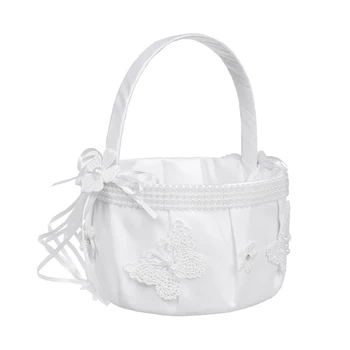 

White Flower Girl Hand Sprinkle Flower Wedding Flower Basket Lace Bow Bride Wedding Flower Basket