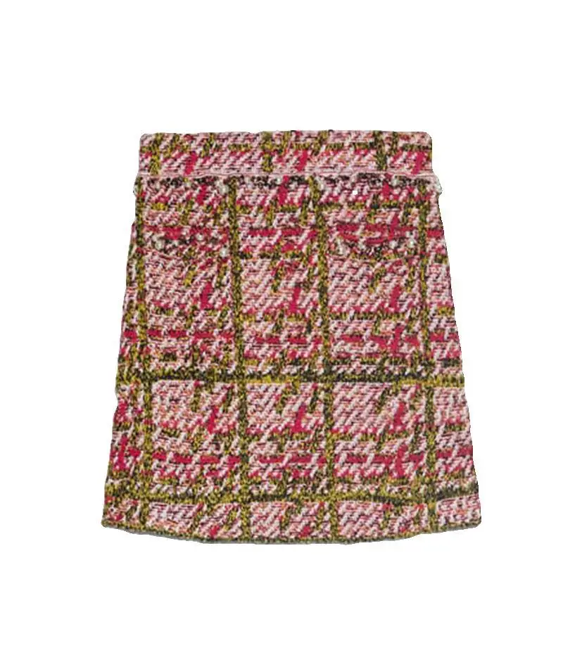 Autumn Winter Plaid Skirt Mini Women Knitted England Style Skirts Feminine Slim Designer Pockets Pearl Buttons Patchwork Skirt
