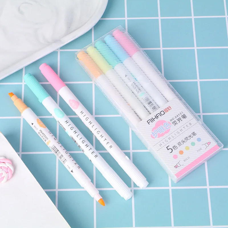 

5 Pcs/Set Double Headed Highlighter Cute Fluorescent Marker Pen Milkliner 5 Colors Mark Pen For Kids School Office Supplies