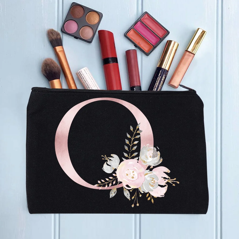Women's Cosmetic Makeup Bags Female Organizer Pink Flower 26 Letters School Pencil Cases Carrying Bag for Coin Purse