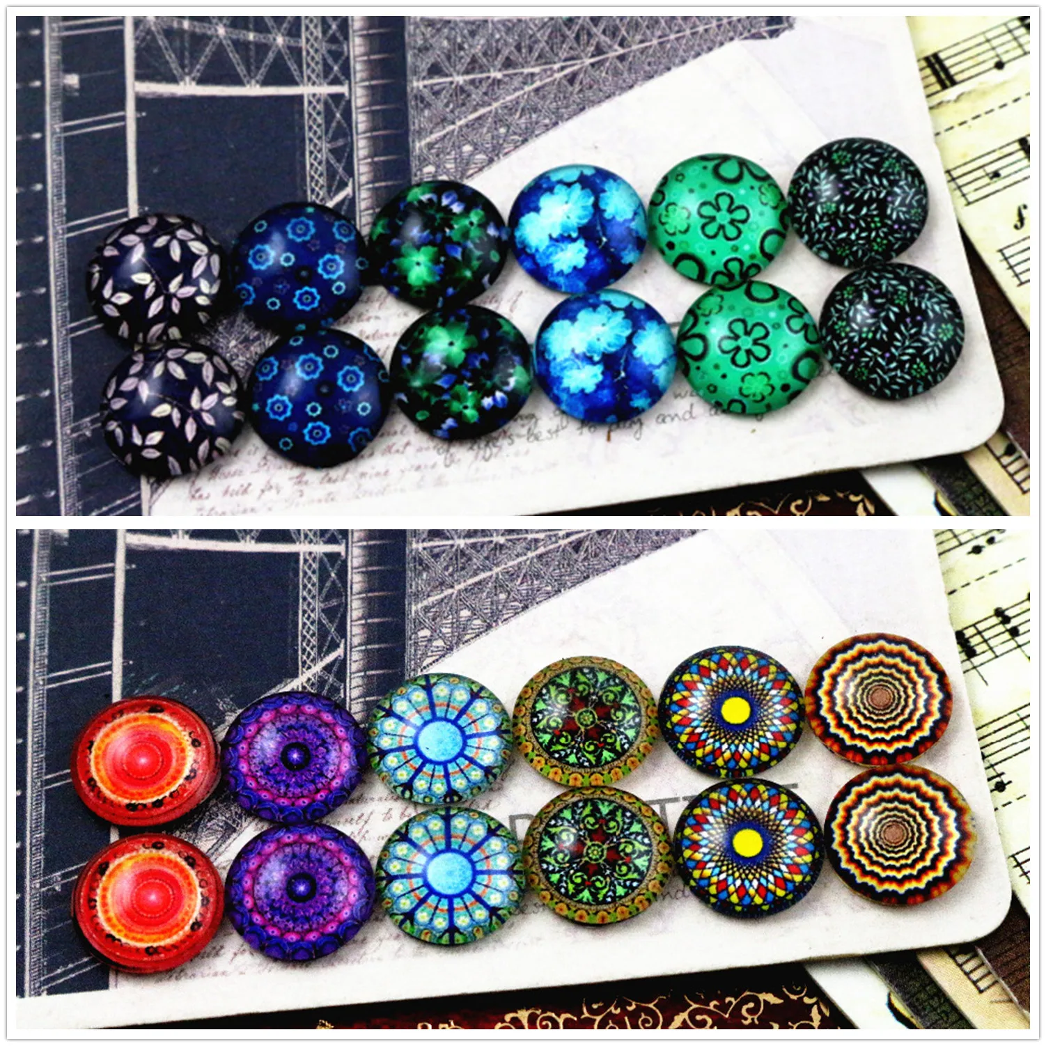 12pcs 12mm Round Photo Pure Feather Glass Cabochon Dome Flatback Jewelry Making