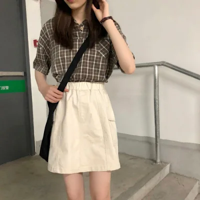 

Large Pocket Workwear Short Skirt Women's Retro Simple Elastic Waist A- line Skirt Summer Casual Skirt Korean-style Versatile Sk