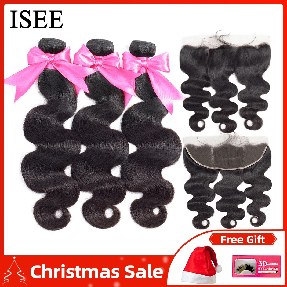 Online Paquetes de onda del cuerpo brasileño del pelo ISEE con los paquetes frontales del pelo humano del 100% Remy con el cierre 13*4 del cordón Frontal con paquetes