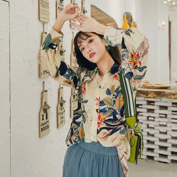 

Lapel Long Sleeve Flower Print women's clothing Korean Button Cardigan shirts for women Retro fashion street women's clothing