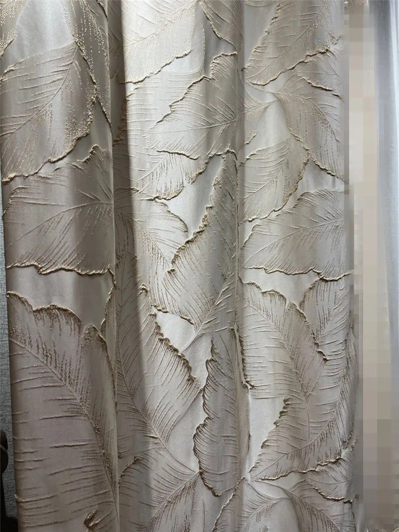 Luxury Embossed Gold Thread 3D Leaf Beige Drapes High-precision Jacquard Fabric Curtain For Living Room Bedroom Villa Home Deco