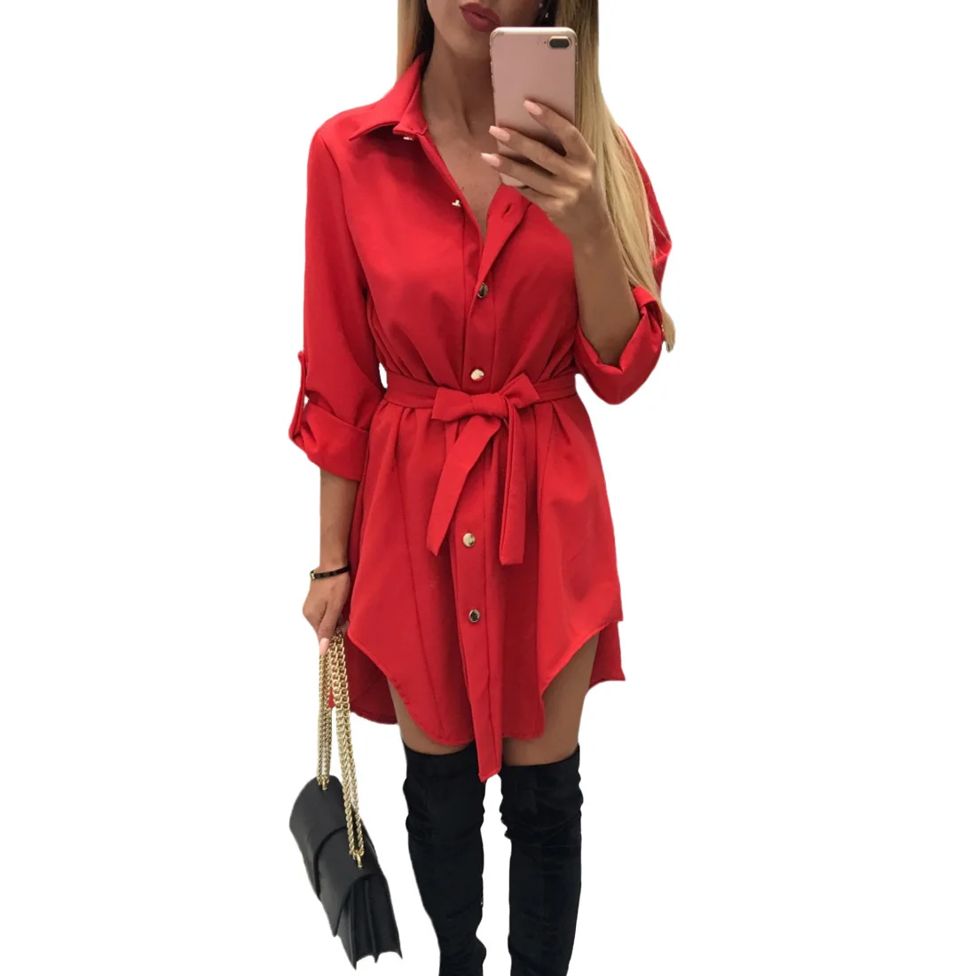 

Loose Knee Length Single Breasted Women Dress Fashion Solid Turn Down Collar Irregular Hem Gift Casual Long Sleeve Waist Belt