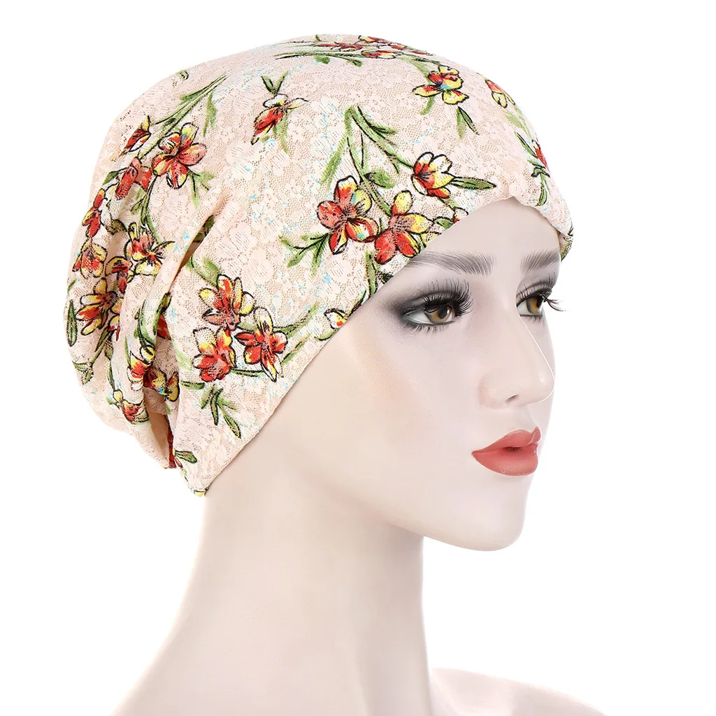 

2021 Women Print Muslim Turban Caps India Hat Stretch Lace Hijab Scarf Ruffle Cancer Chemo Beanie Headscarf Hair Loss Head Wrap