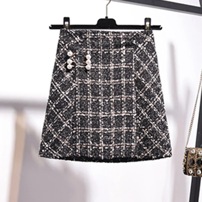 Black Skirt Осенне-зимний комплект из двух предметов, повседневный модный плюшевый топ с круглым вырезом и бусинами+ юбка, комплект из 2 предметов с жемчужинами и клетчатой тканью для деловой женщины - Цвет: Black Skirt
