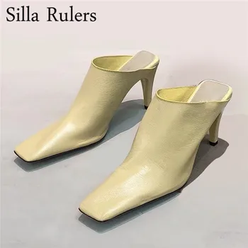 

New Sexy Square Toe Closed Toe Mules Woman Genuine Leather High Heel Slippers Woman Runway Outside Half Slippers Mujer Woman