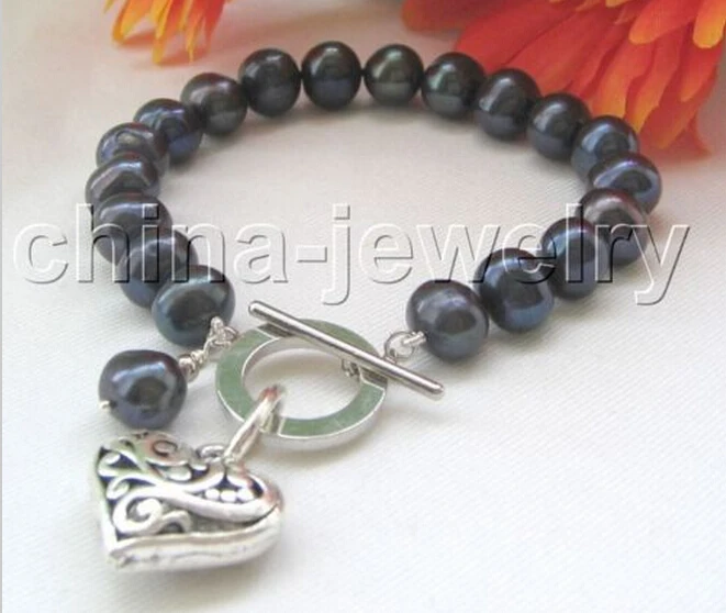 DYY 913+++ красивый " 10 мм черный круглый браслет из пресноводного жемчуга