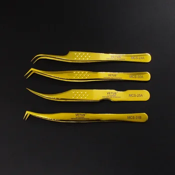 

100pcs Vetus MCS Golden color Premium Beauty Makeup Tweezers Eyelash Ultra Fine High Precision stainless steel hot