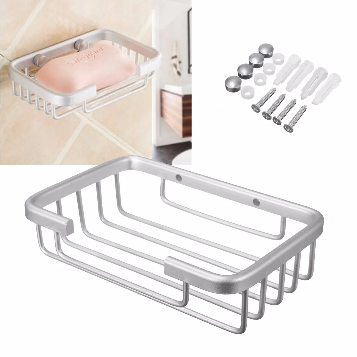 Silver Soap Dish Storage Holder Aluminum Bathroom Shower Wall Mounted