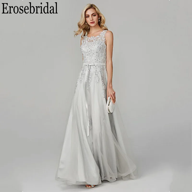 Erosebridal Элегантные Формальные платья Вечерние серые кружевные вечерние платья с бисером для женщин, длинное вечернее платье со шнуровкой сзади