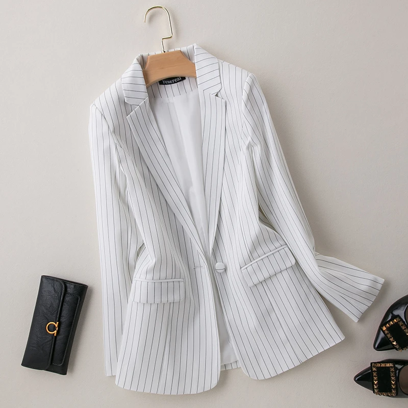 white striped Модный Полосатый Женский блейзер с принтом, новинка, весеннее повседневное пальто с длинным рукавом, корейский стиль, на одной пуговице, Блейзер Женский синий - Цвет: white striped