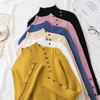 

12 colors Dropshipping Underwear Autumn Winter Sweater Women Long Sleeve High Neck button Solid Basic Sweaters And Pullovers