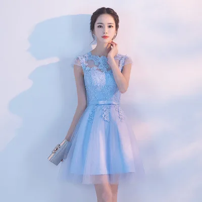 sky blue Skyyue милое коктейльное платье с коротким рукавом, кружевное коктейльное платье в стиле ампир, размера плюс, платье с аппликацией, коктейльное платье LX183 - Цвет: sky blue