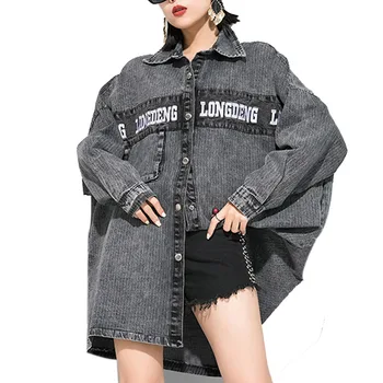 

Plus Size Denim Jacket For Women Autumn Vintage Letter Print Outerwear Tops Ladies Pocket Casual Street Jackets 4XL 5XL 6XL 2020