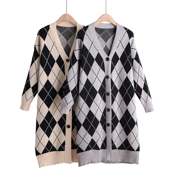 

2019 Plaid Women Autumn Cardigan Breasted Buttons Knitted Female Outwear Sweater High Quality Long Cardigans Sweaters