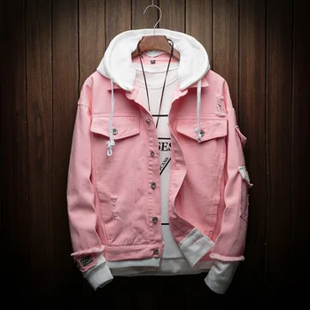 

Fake Two Pieces Hooded Mens Denim Jacket Men Spring Autumn 2020 New Stitching Pink Black Jean Jacket Men Denim Jackets Coats