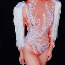 Блестящие стразы, боди с белыми кисточками, Блестящие кристаллы, комбинезон для певицы, праздничный наряд, вечерние костюмы для сцены, DJ