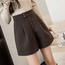 Novo 2021 inverno woolen shorts das mulheres do vintage estiramento elástico de cintura alta calças curtas mujer botão solto em linha reta larga perna shorts