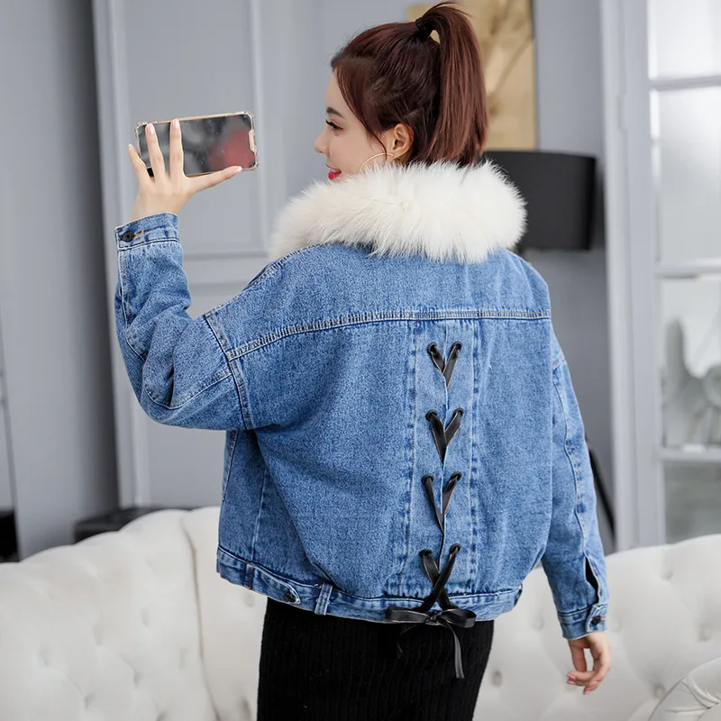 

New Style Autumn And Winter Hong Kong Style CHIC Fur Collar plus Velvet Jeans Coat Women's Loose-Fit Thick Short Jacket Cotton-p