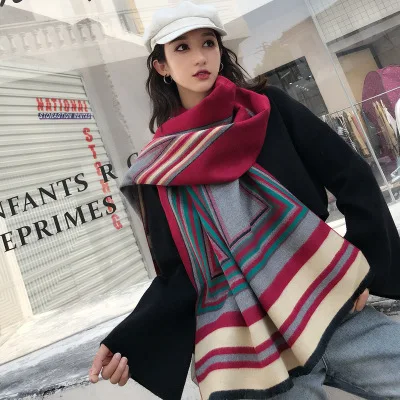 Burgundy Теплый толстый модный пэчворк шарфы для Для женщин зимнее пончо женственное пальто шарф Для женщин палантин шаль Пашмина - Цвет: Burgundy