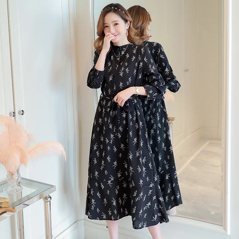 

2019 New Style Fashion Mom Spring Outer Wear Black And White with Pattern Ribbon-Waist Hugging Hipster Small Floral Chiffon Preg