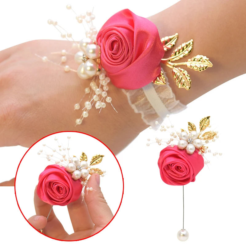 Womens Lady Wedding Prom Bridal Wrist Corsage Flower Artificial Satin Bracelets 