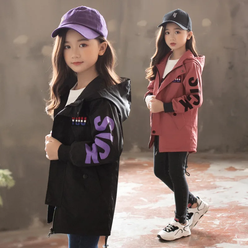 

2019 Spring And Autumn Childrenswear New Style Girls Casual Sleeves Lettered Mid-length Trench Coat Middle And Large Children Lo