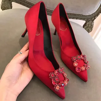 

New 2020 Crystal Square buckle Pointed Toe Wedding Shoe Women's Pumps Silk Fashion Red Shallow High Heels Shoes for Women PF-926