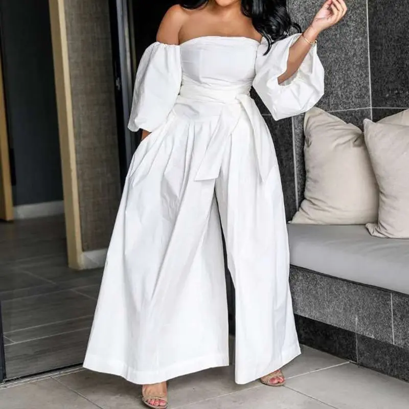 

Sexy Jumpsuit Women One Shoulder Long Sleeve Zipper Playsuit Rompers Straight Wide Legs Jumpsuits Female Party White Trousers