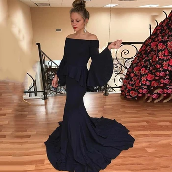 

Eightree Black Mermaid Evening Dresses Off the Shoulder Saudi Arabic Long Flare Sleeves Formal Prom Dress Evening Party Gowns