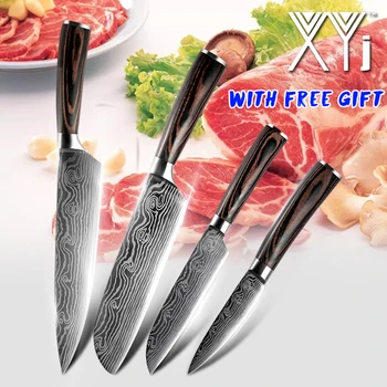 

Knives set kitchen 4pcs Damascus Veins Stainless Steel Knives Paring Utility Santoku Slicing Japanese Chef Cooking Knife set
