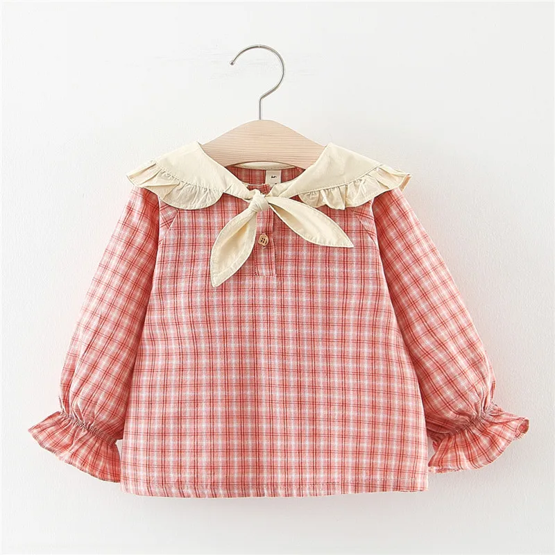TSweet Style Girls Blouses Embroidery Baby Girl Long Flare Sleeve Shirts Plaid Print Casual T-Shirt Tops Blouse Kids Shirts