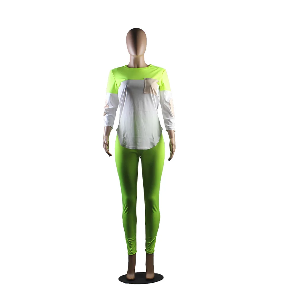 Комплект из 2 предметов, женский осенне-зимний спортивный костюм, топы с длинными рукавами и штаны, элегантный женский костюм для фитнеса и тренировок, винтажный комплект из двух предметов - Color: neon green