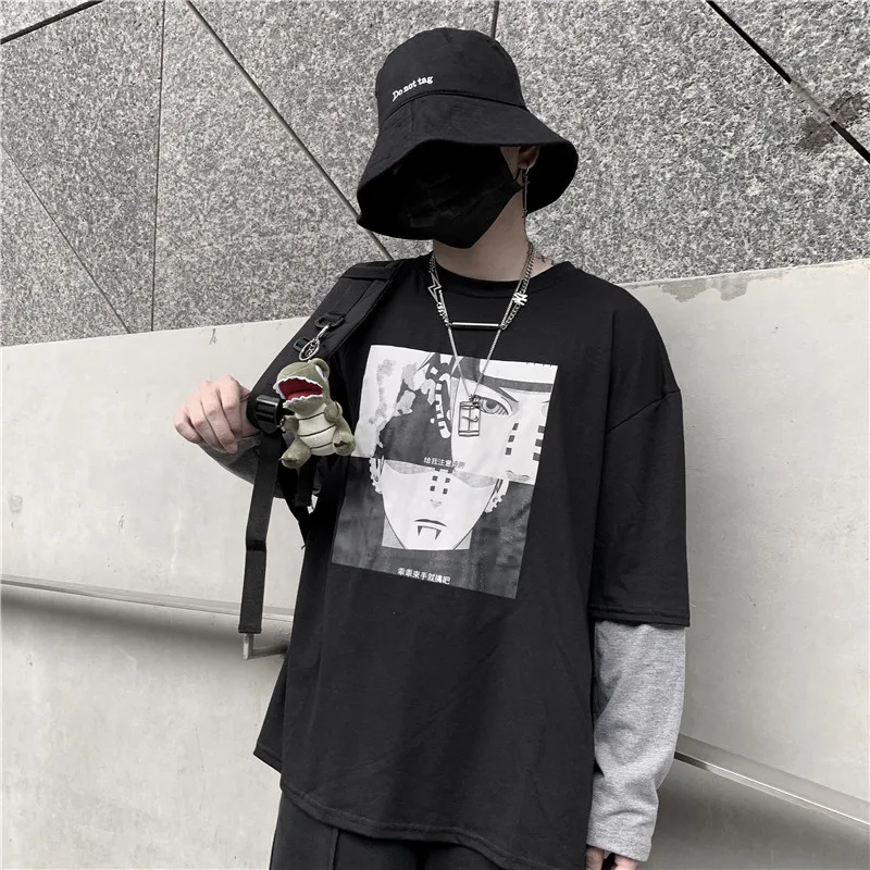 Осень корейский ins Harajuku стиль Улица Ретро Мультфильм Печать Поддельные Две Свободные повседневные с длинными рукавами футболки мужчин и женщин