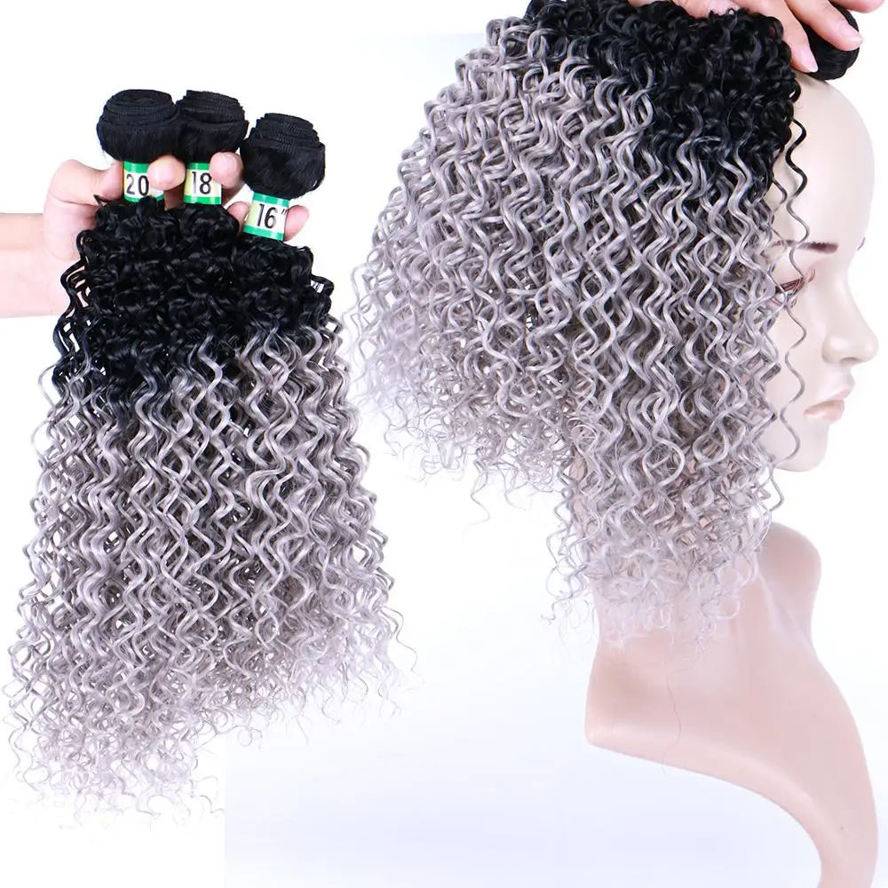 Ombre Kinky Curly Hair weave black to grey double weft 70 g/pcs synthetic hair bundles