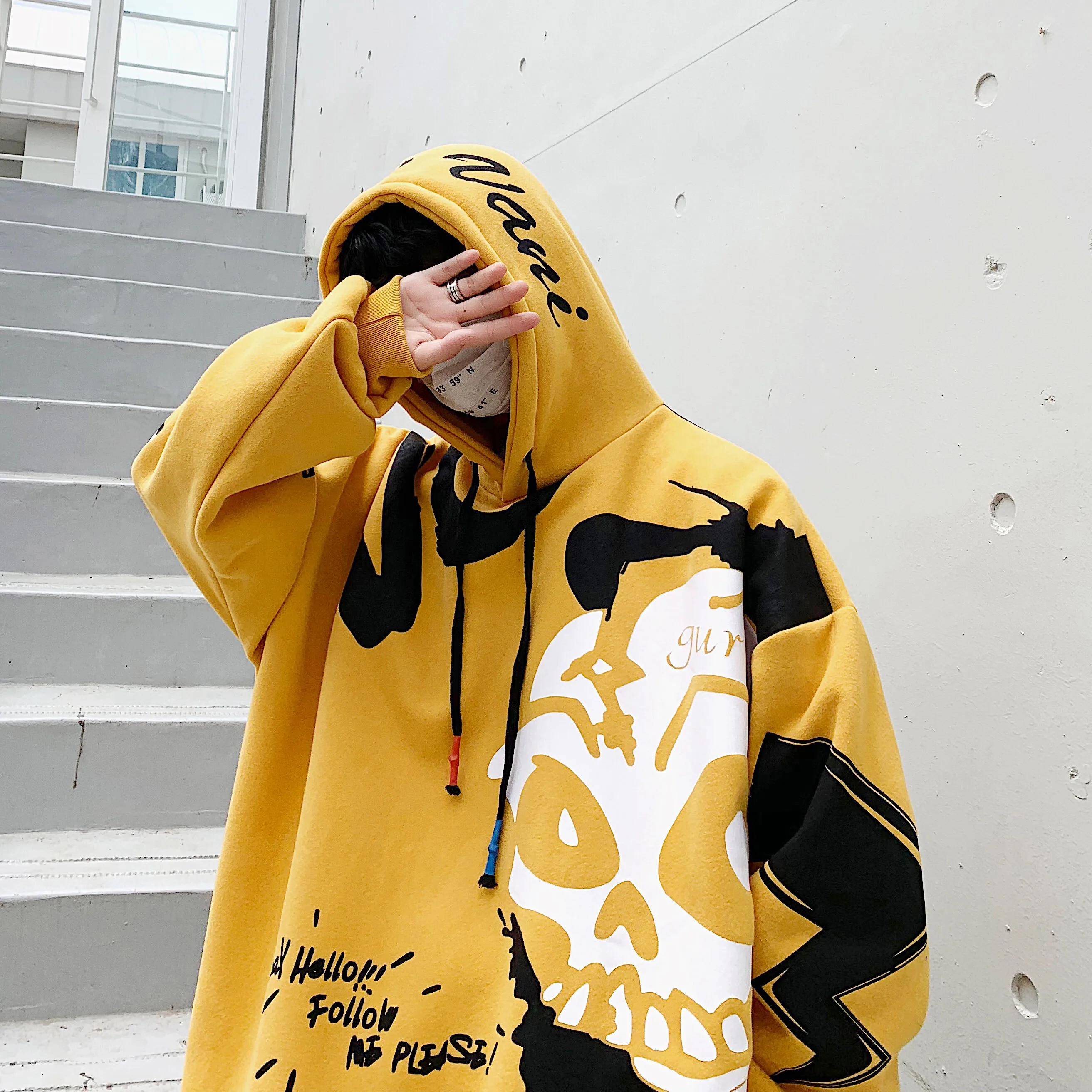 Худи граффити мужские с капюшоном желтый Harajuku корейский Повседневная Толстовка с капюшоном Мужская Уличная пуловер с буквенным принтом хип-хоп