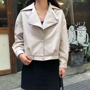 

Casual Solid Short Faux Leather Jacket for Women Turn-down Collar Autumn Motorcycle PU Leather Jacket Fashion Coats