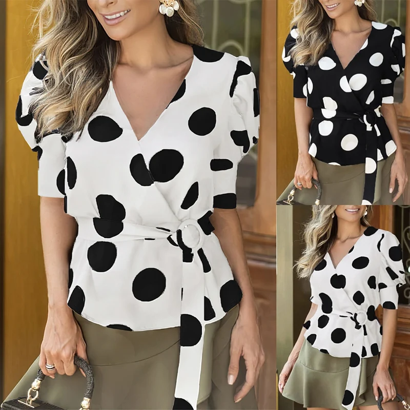

Ladies Fashion Polka Dot Shirt Perspective Bubble Sleeve V-Neck Elegant Shirt Tops Ladies Shirt
