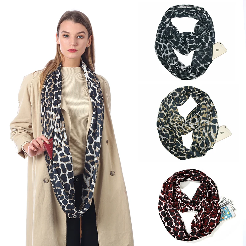 Scarf Wrap with Hidden Zipper Pocket Stretchy Travel Scarf Loop Scarves