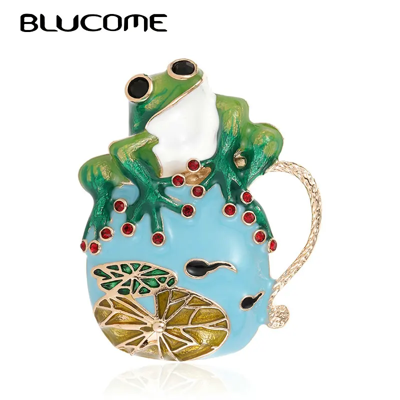 Женская эмалированная брошь Blucome зеленая/желтая лягушка в форме цветка лотоса
