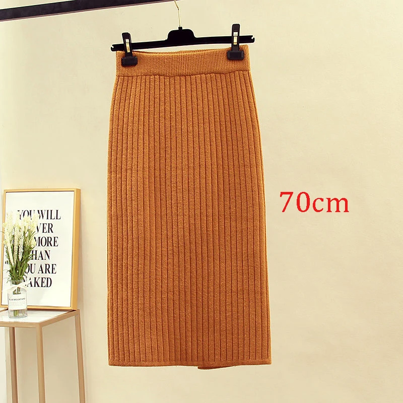 Ginger 70cm 60-70 см женские юбки с эластичными лентами осень зима теплая трикотажная прямая юбка ребристая юбка средней длины черная - Цвет: Ginger 70cm