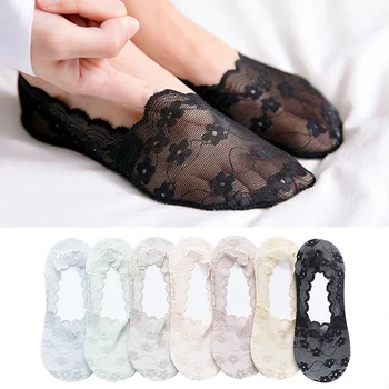 

2020 New Fashion Mesh Lace Floral Socks Women Transparent High Heels Invisible Anti-slip Slippers Socks