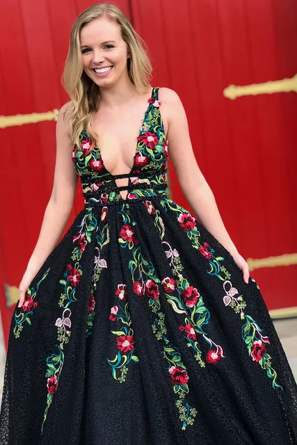 Free Shipping Princess V Neck Floral Embroidery Long Prom Dress - Prom  Dresses - AliExpress